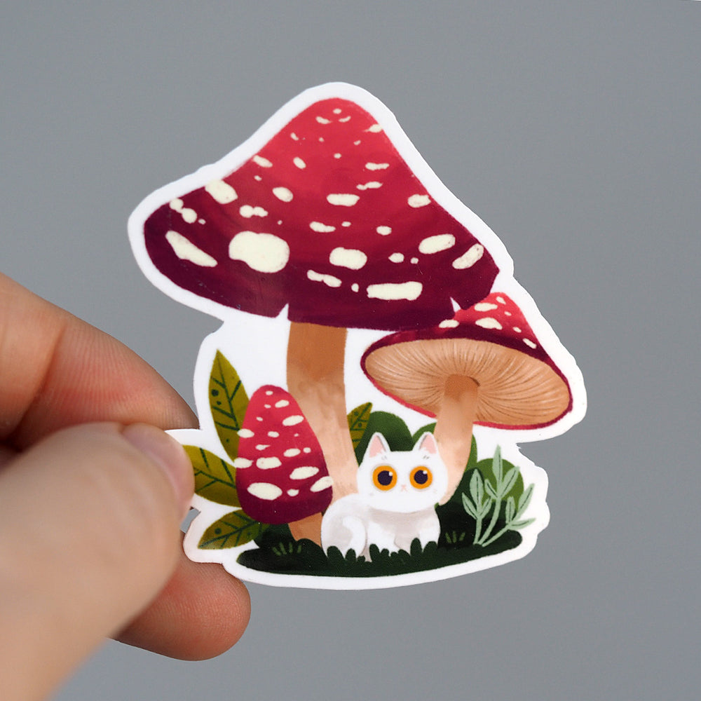 White Cat & Mushrooms - Vinyl Sticker
