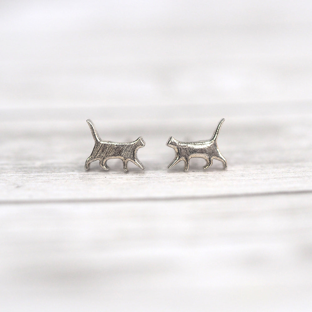 Miniature Cat Silhouette Stud Earrings - Sterling Silver