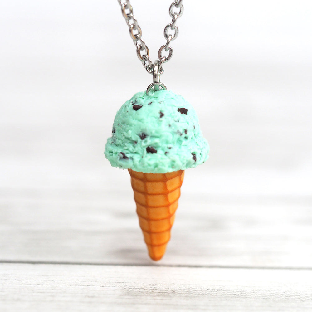 Mint Chocolate Chip Ice Cream Cone Necklace