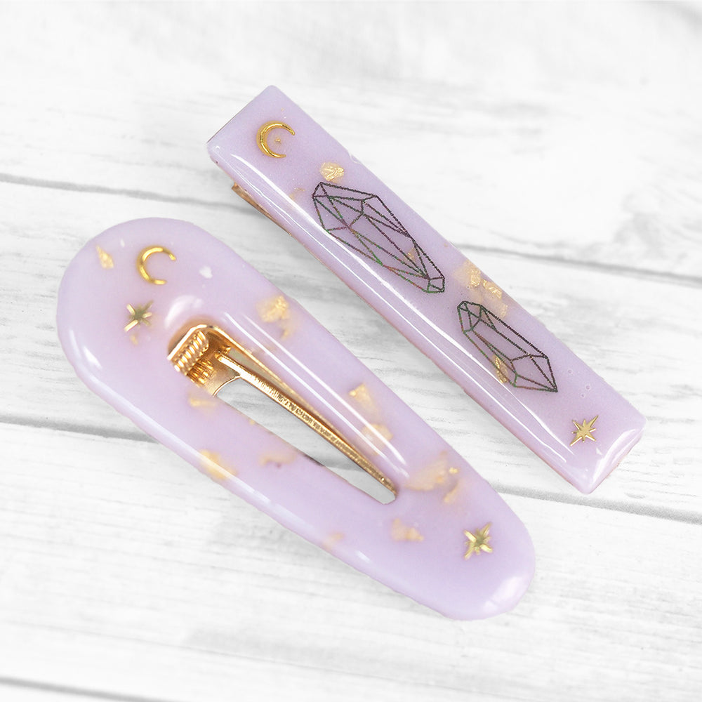 Hand-cast Hair Clip Set - Lavender Moon & Crystals