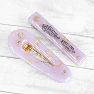 Hand-cast Hair Clip Set - Lavender Moon & Crystals