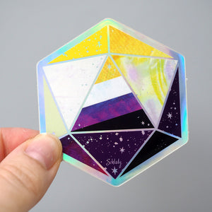 
            
                Load image into Gallery viewer, Nonbinary Pride D20 Dice - Holographic Vinyl Sticker
            
        