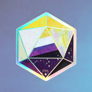 
            
                Load image into Gallery viewer, Nonbinary Pride D20 Dice - Holographic Vinyl Sticker
            
        