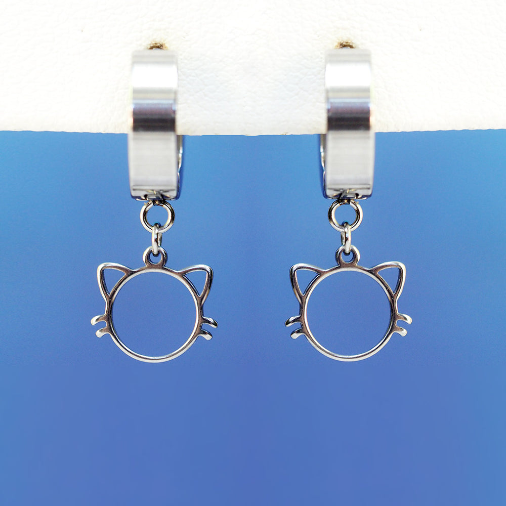 Thick Huggie Hoop Cat Earrings - Silver