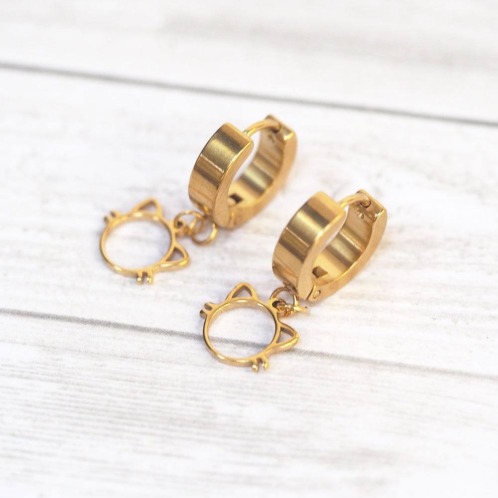Thick Huggie Hoop Cat Earrings - Gold
