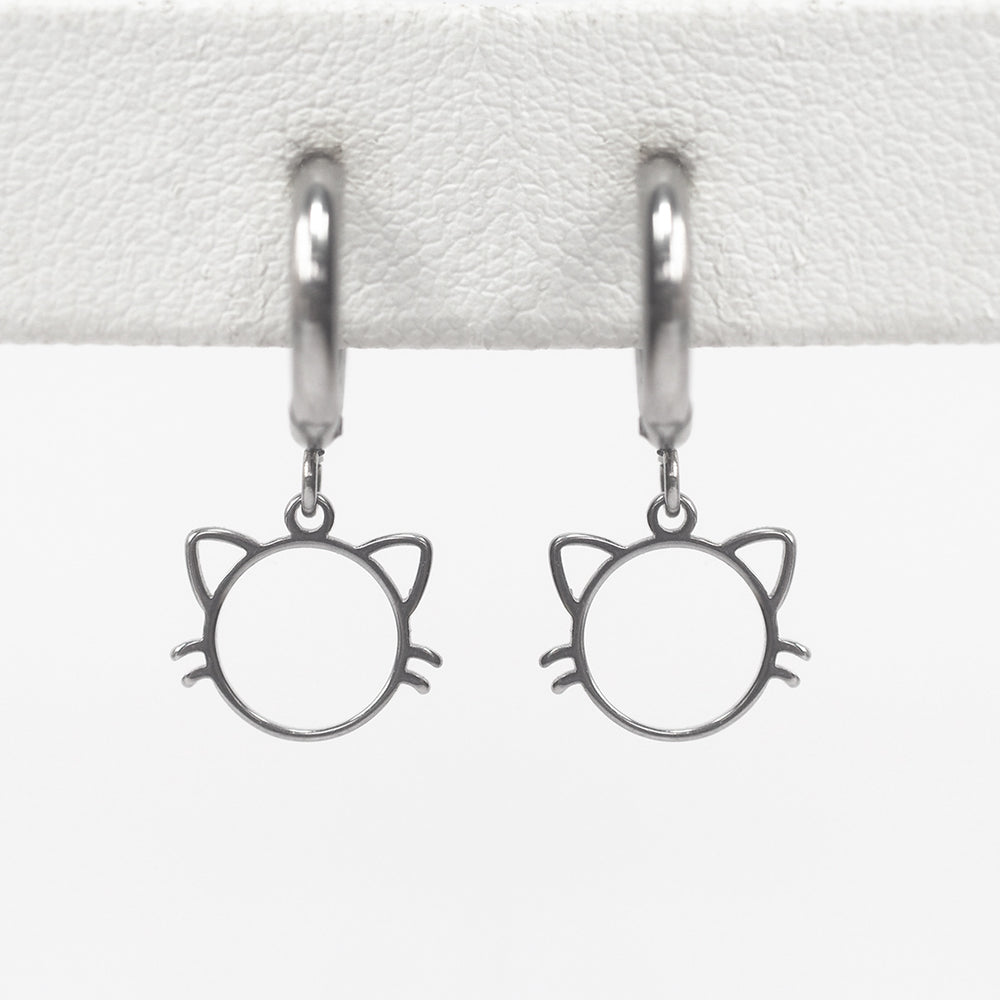 Dainty Cat Hoop Earrings - Silver