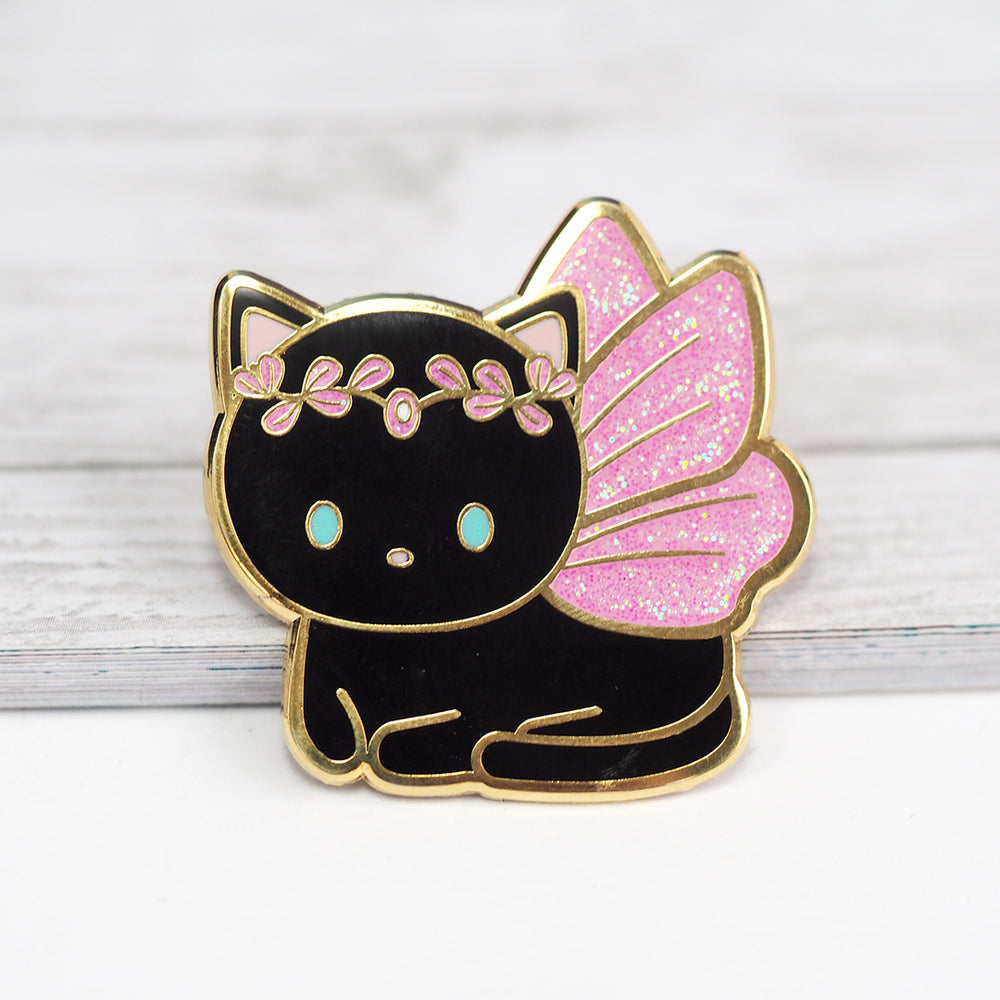 Black Fairy Cat - Glitter Metal Enameled Pin