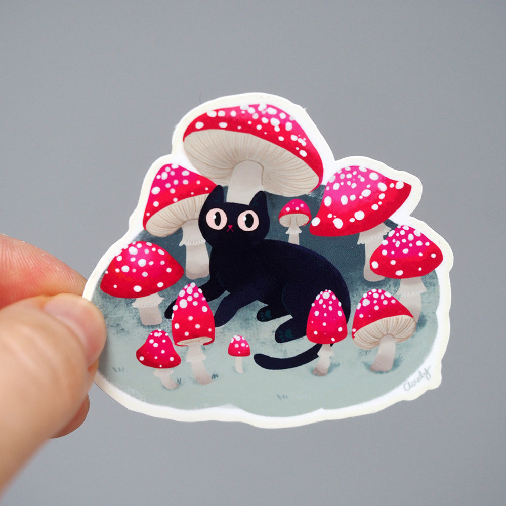 Black Cat & Mushrooms - Vinyl Sticker